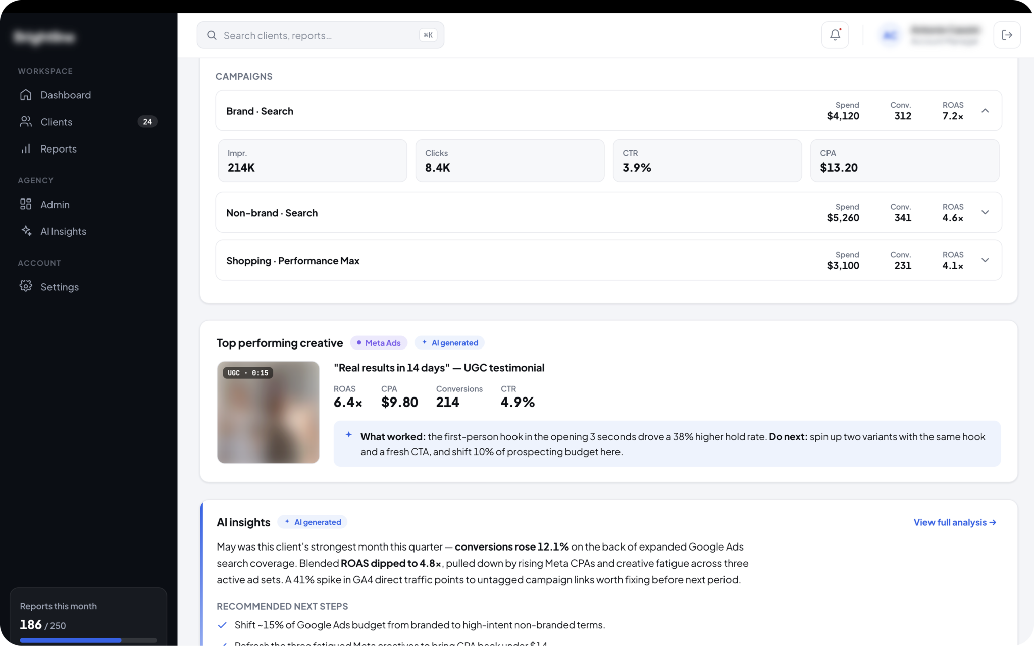 AI-powered report preview screen with Google Ads and Meta Ads performance data | Altum Software