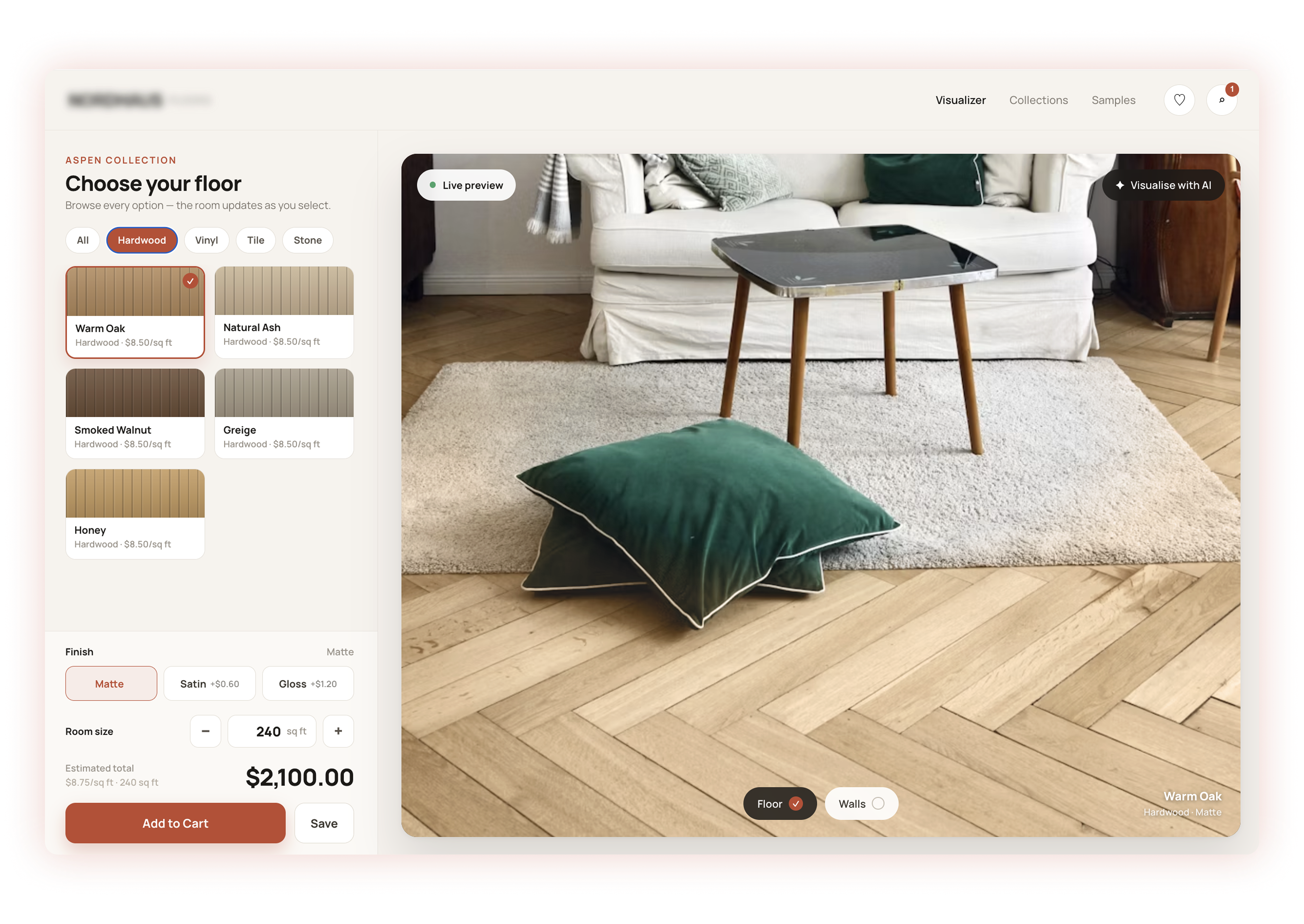 Custom Shopify product configurator with photorealistic AI-generated room render | Altum Software